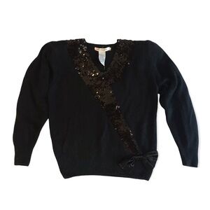 Vintage 80s Womens Black Angora Sweater Sequins Bow Large Holiday Bling